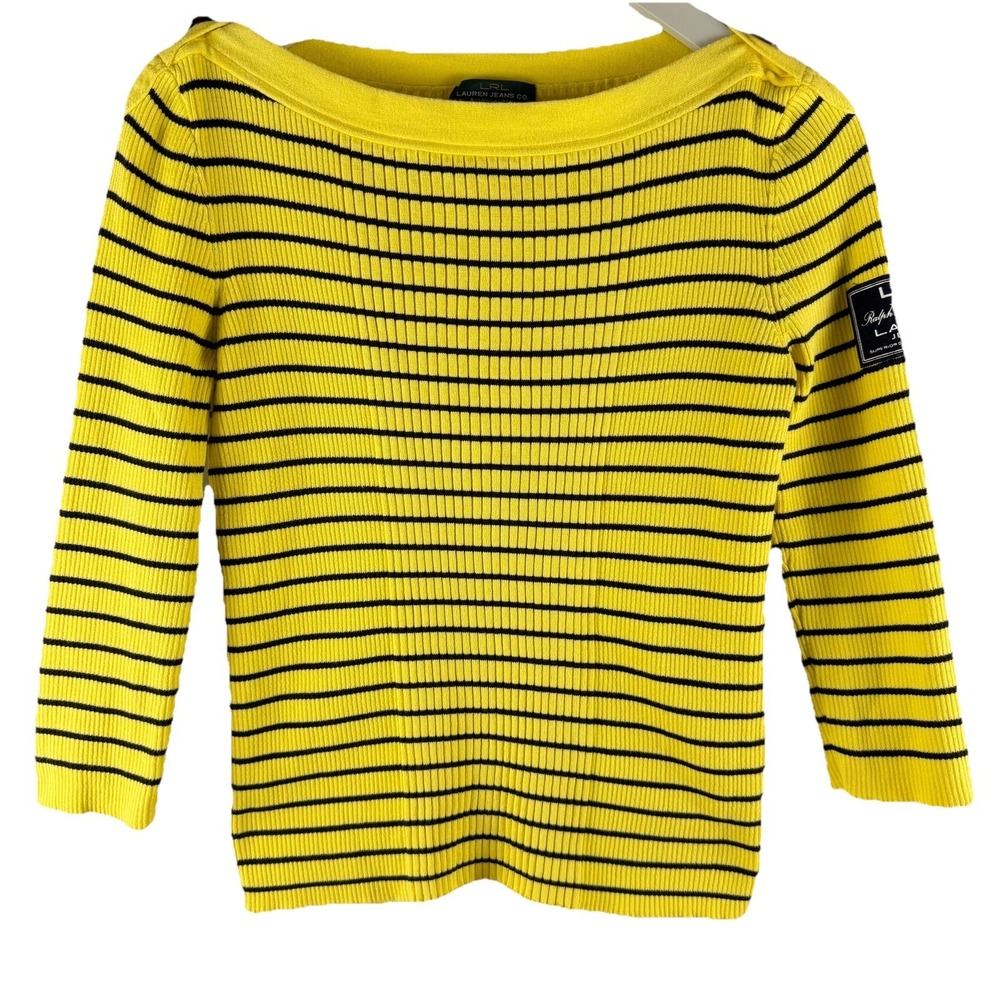 VTG LRL Lauren Jeans Co Womens Sweater Sz M‎ Yellow Black Striped Logo Patch Y2K